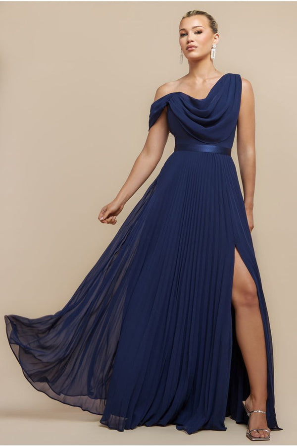 Goddiva Cowl Neck One Shoulder A Line Chiffon Maxi Dress - Navy Blue By Goddiva