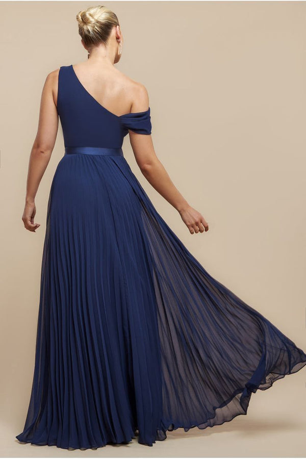 Goddiva Cowl Neck One Shoulder A Line Chiffon Maxi Dress - Navy Blue By Goddiva