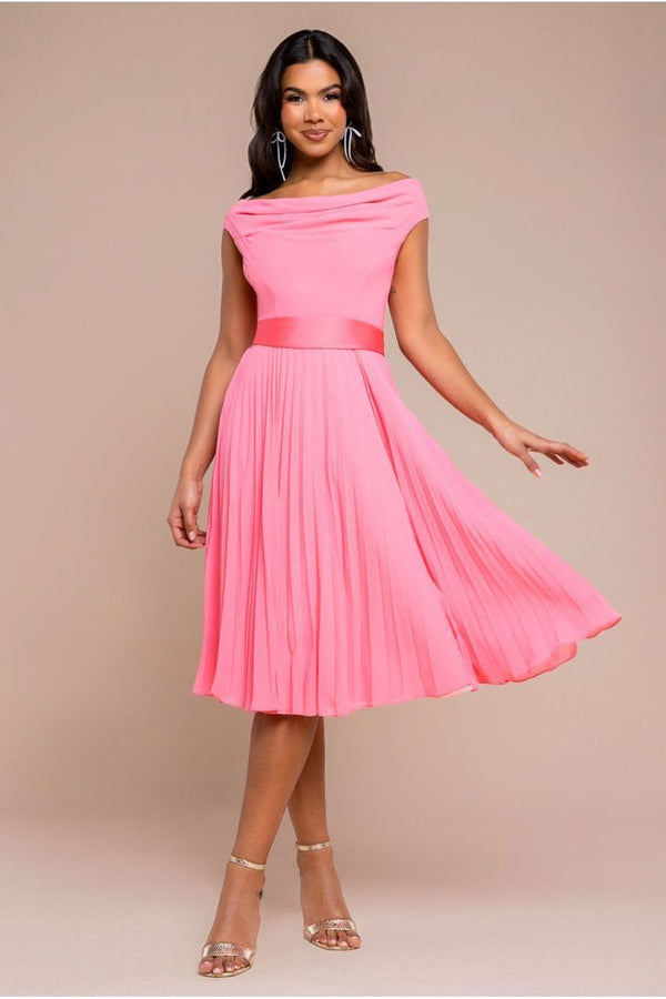 Goddiva Cowl Neck Pleated A-Line Chiffon Midi Dress - Coral By Goddiva