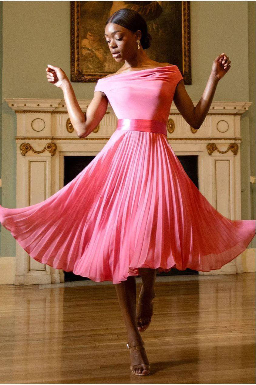 goddiva Cowl Neck Pleated A-Line Chiffon Midi Dress - Coral by Goddiva