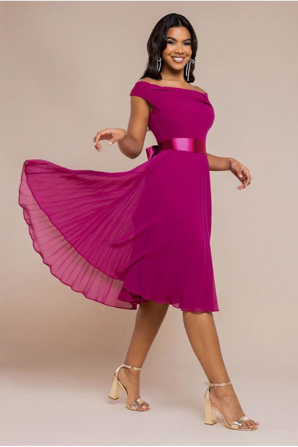 Goddiva Cowl Neck Pleated A-Line Chiffon Midi Dress - Magenta By Goddiva