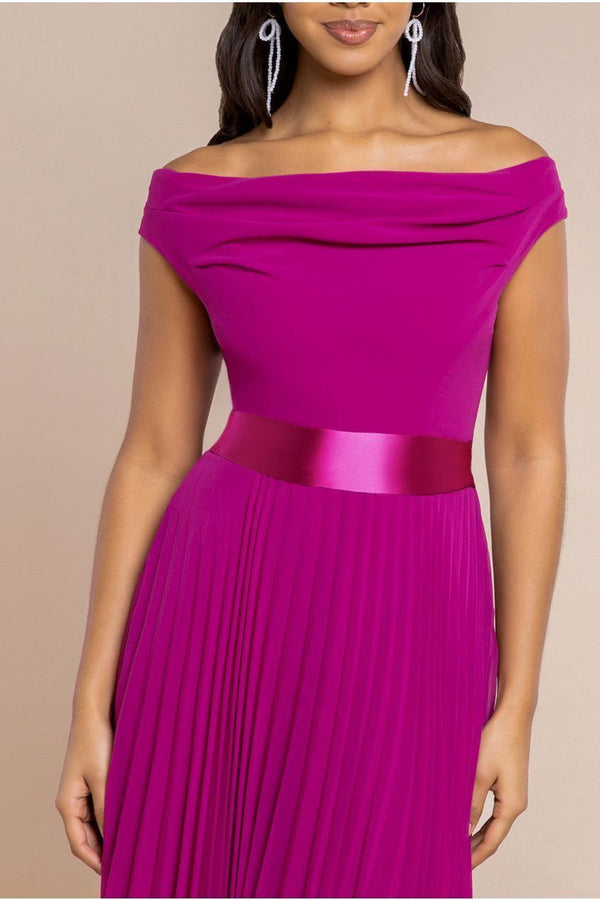 Goddiva Cowl Neck Pleated A-Line Chiffon Midi Dress - Magenta By Goddiva