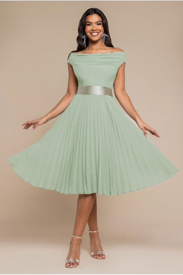 Goddiva Cowl Neck Pleated A-Line Chiffon Midi Dress - Sage Green By Goddiva