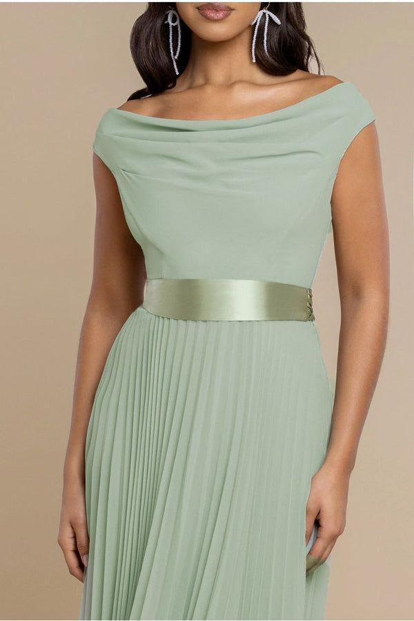 Goddiva Cowl Neck Pleated A-Line Chiffon Midi Dress - Sage Green By Goddiva