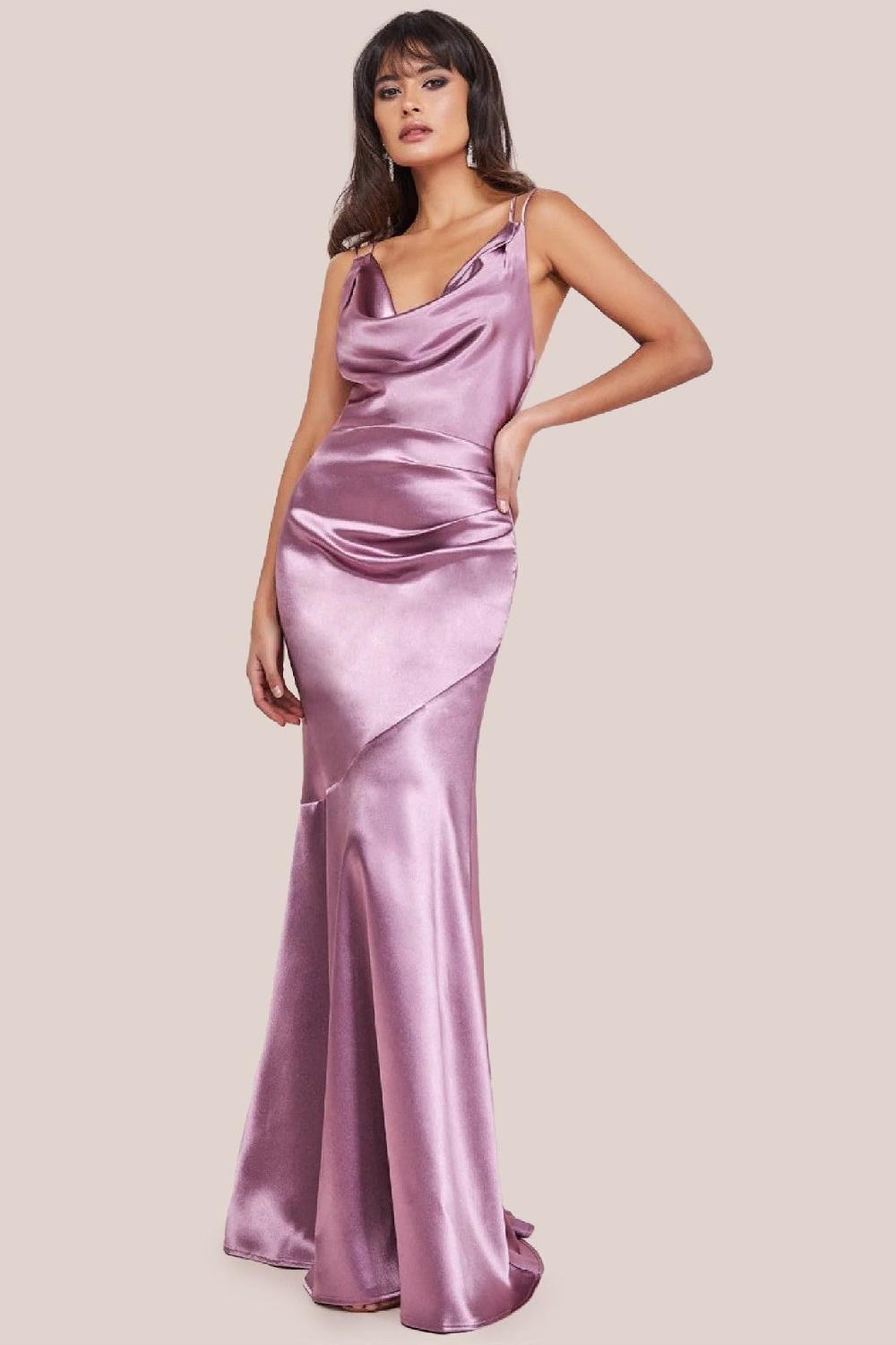 goddiva Cowl Neck With Strappy Back Satin Maxi - Blush by Goddiva
