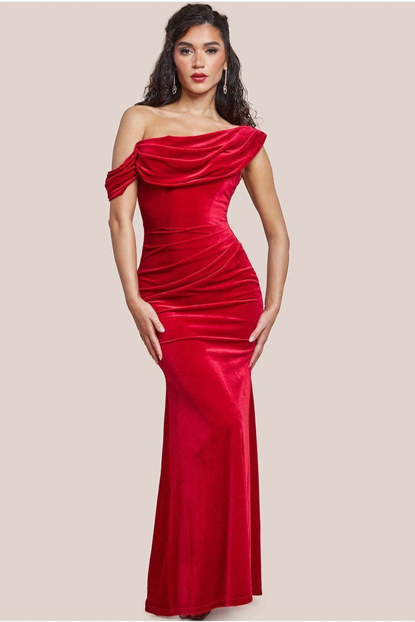 Goddiva Cowl One Shoulder Velvet Maxi Dress - Red By Goddiva