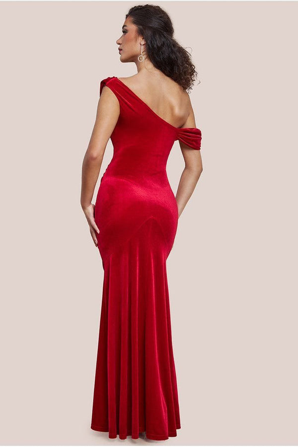 Goddiva Cowl One Shoulder Velvet Maxi Dress - Red By Goddiva