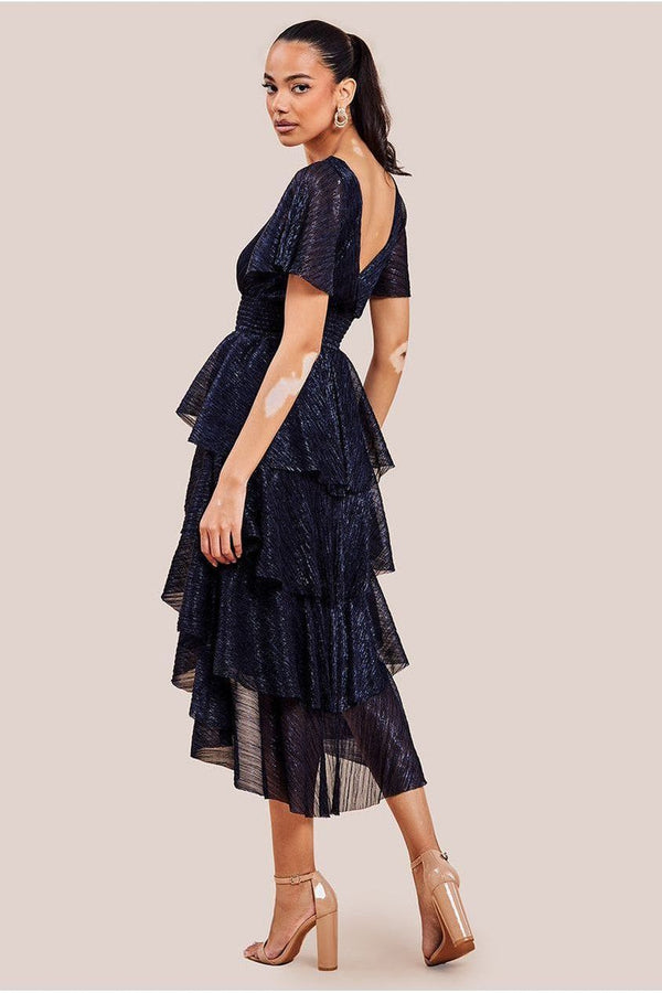 Goddiva Crinkle Lurex High Low Layered Midi Dress - Navy By Goddiva