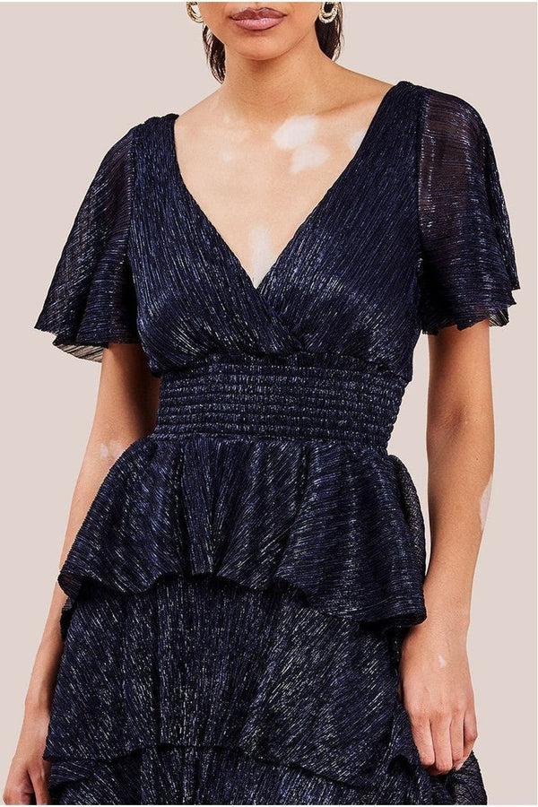 Goddiva Crinkle Lurex High Low Layered Midi Dress - Navy By Goddiva