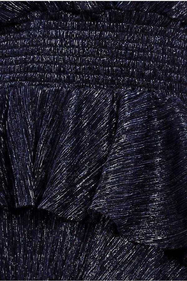 Goddiva Crinkle Lurex High Low Layered Midi Dress - Navy By Goddiva