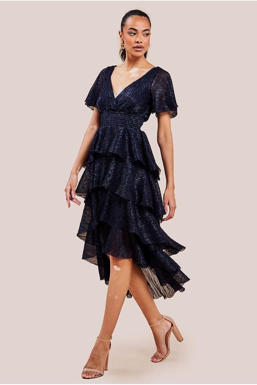 goddiva Crinkle Lurex High Low Layered Midi Dress - Navy by Goddiva