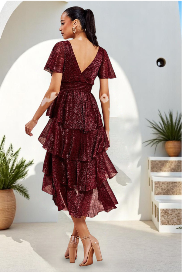 Goddiva Crinkle Lurex High Low Layered Midi Dress - Wine By Goddiva