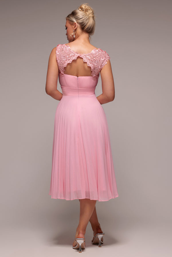 Goddiva Crochet & Pleated Top Midi Dress - Blush Pink By Goddiva