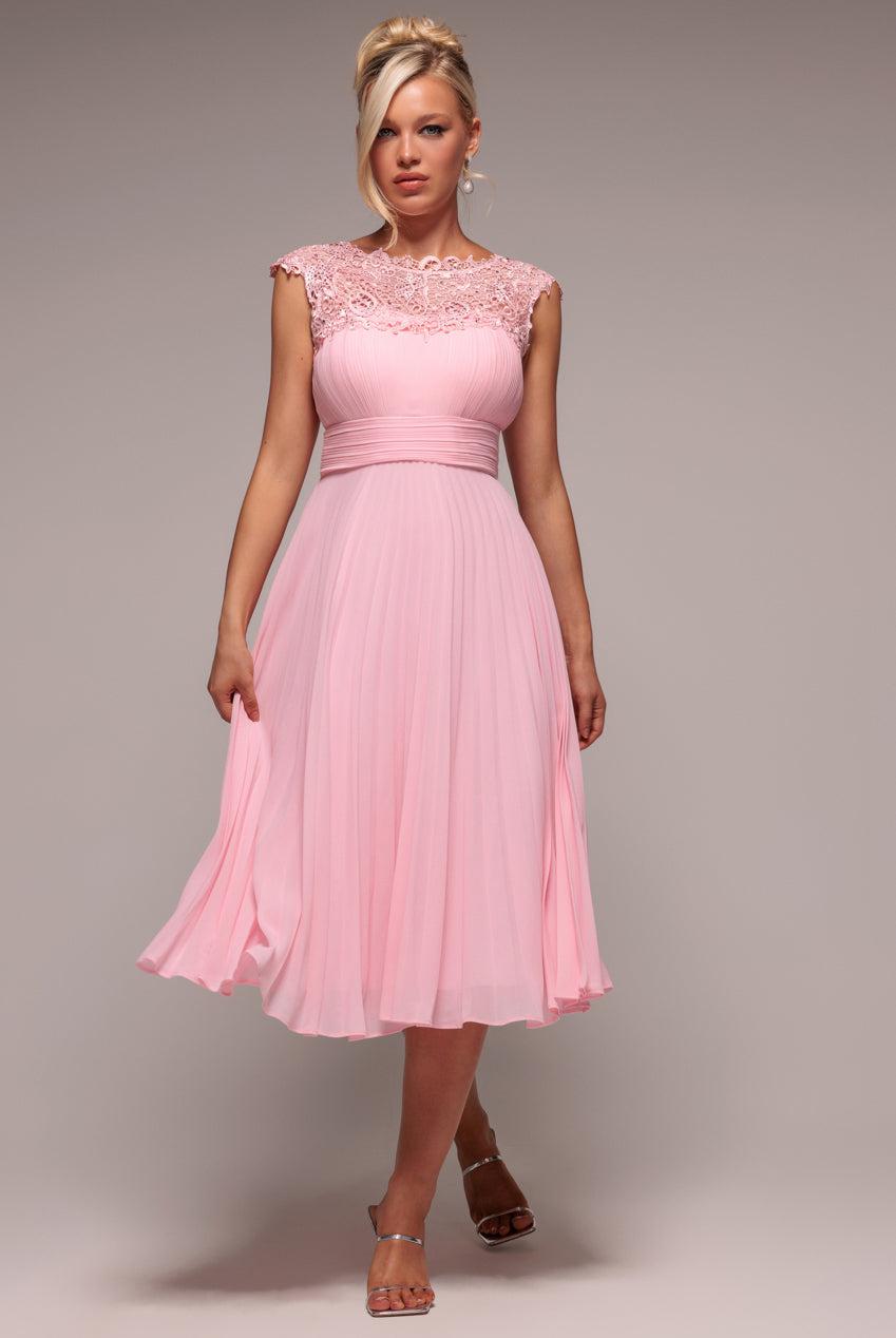 goddiva Crochet & Pleated Top Midi Dress - Blush Pink by Goddiva