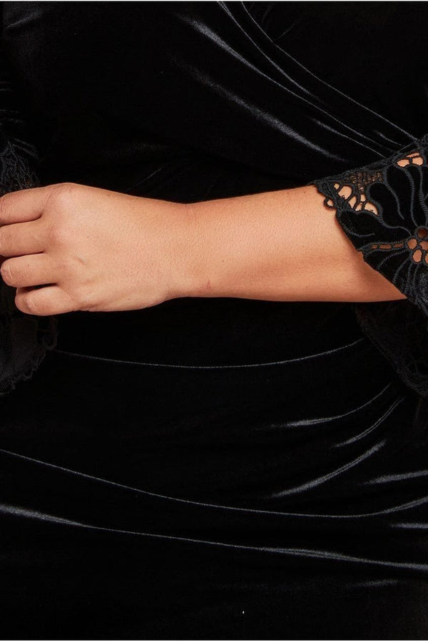 Goddiva Crochet Velvet Wrap Midi Dress - Black By Goddiva Plus