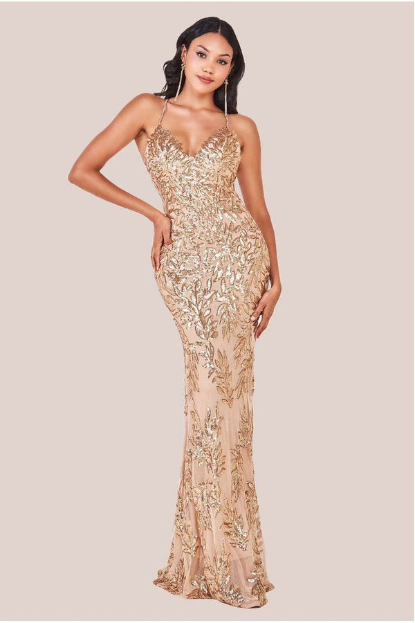 Goddiva Cross Back Diamante Strap Sequin Maxi - Gold By Goddiva