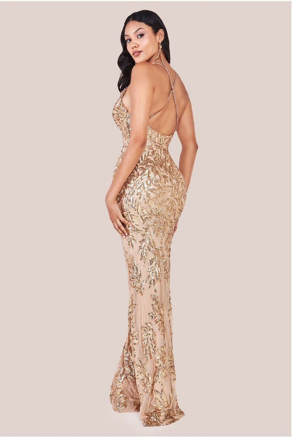 Goddiva Cross Back Diamante Strap Sequin Maxi - Gold By Goddiva