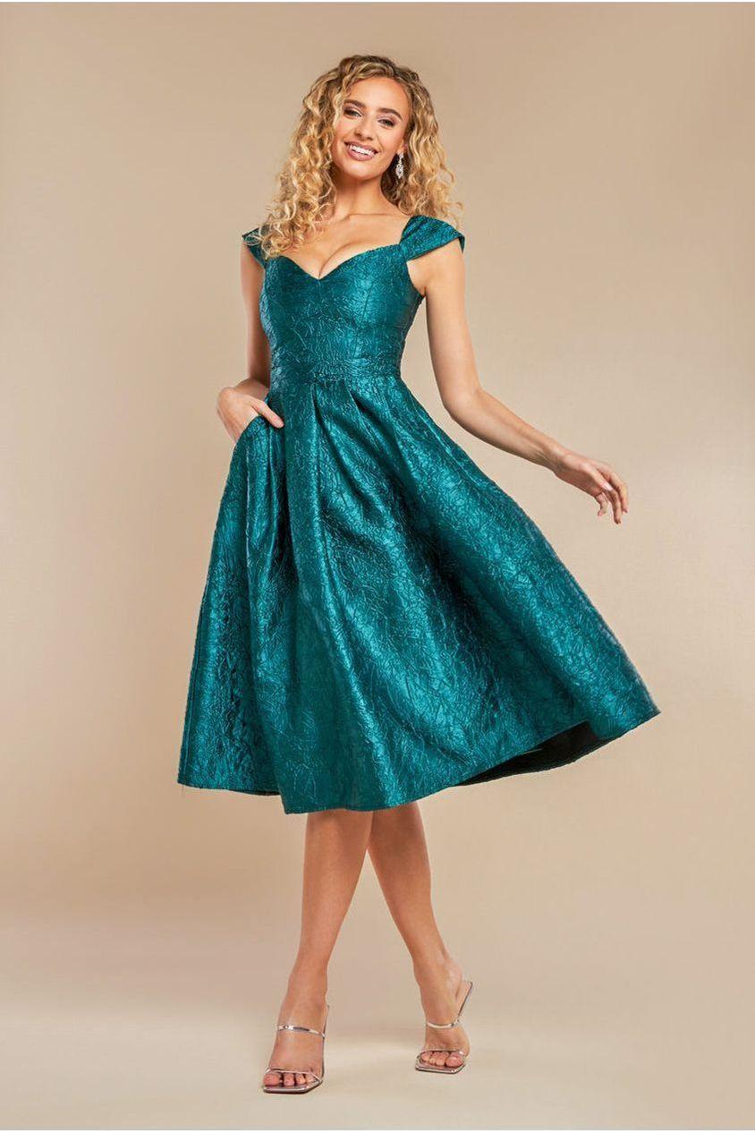 goddiva Crushed Satin Sleeveless A Line Midi Dress - Emerald Green by Goddiva