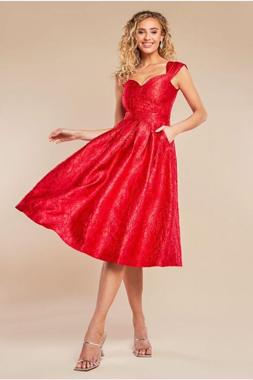 goddiva Crushed Satin Sleeveless A Line Midi Dress - Red by Goddiva