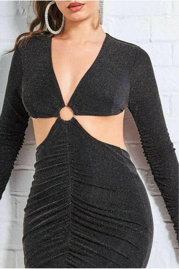 Goddiva Cut Out Long Sleeve Bodycon Mini - Black By City Goddess