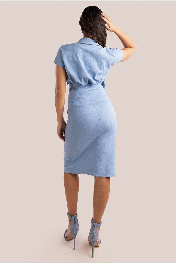 Goddiva Denim Gathered Angel Sleeve Midi Shirt Dress - Sky Denim By Goddiva