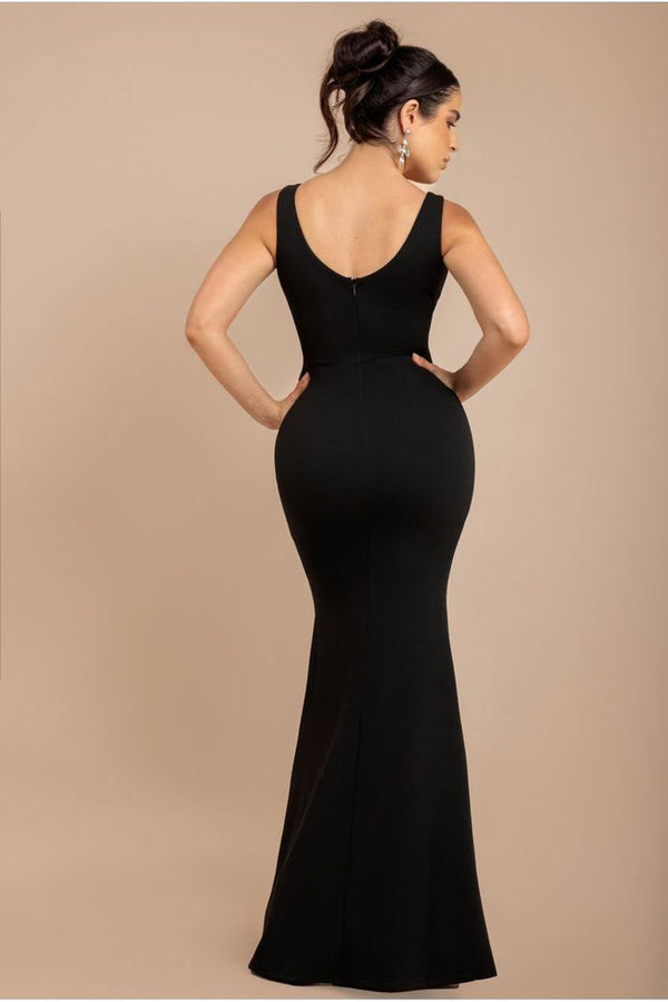 Goddiva Diamante Brooch Thigh Split Mermaid Maxi Dress - Black By Goddiva