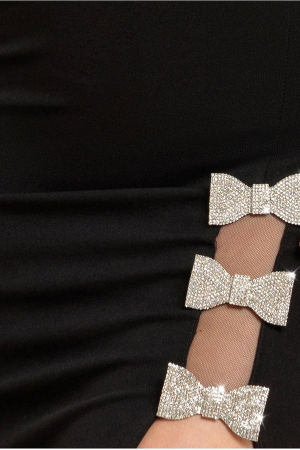 Goddiva Diamante Brooch Thigh Split Mermaid Maxi Dress - Black By Goddiva