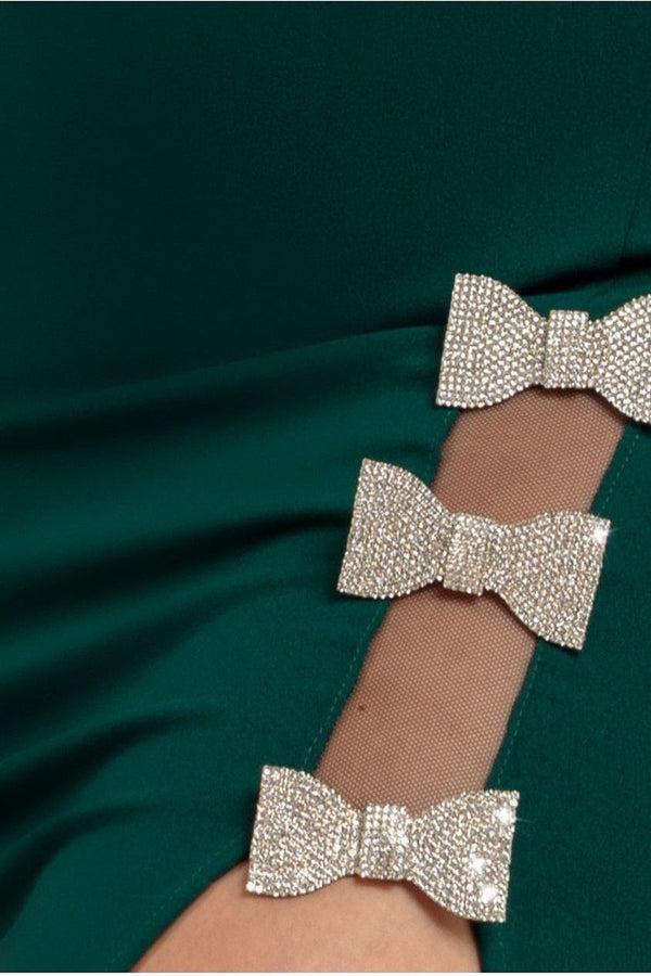 Goddiva Diamante Brooch Thigh Split Mermaid Maxi Dress - Emerald By Goddiva