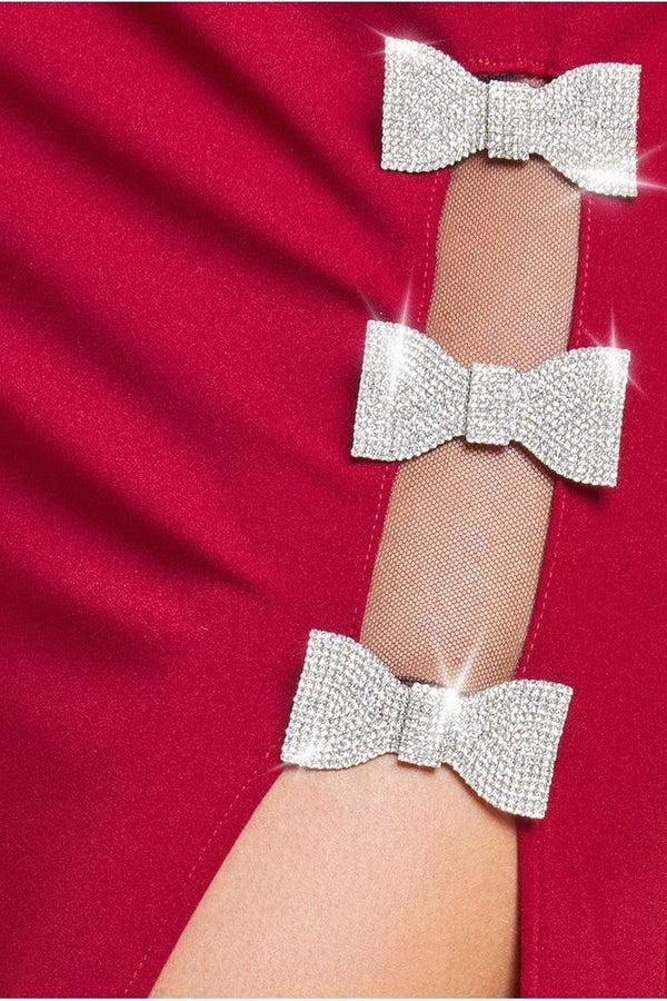 Goddiva Diamante Brooch Thigh Split Mermaid Maxi Dress - Wine By Goddiva