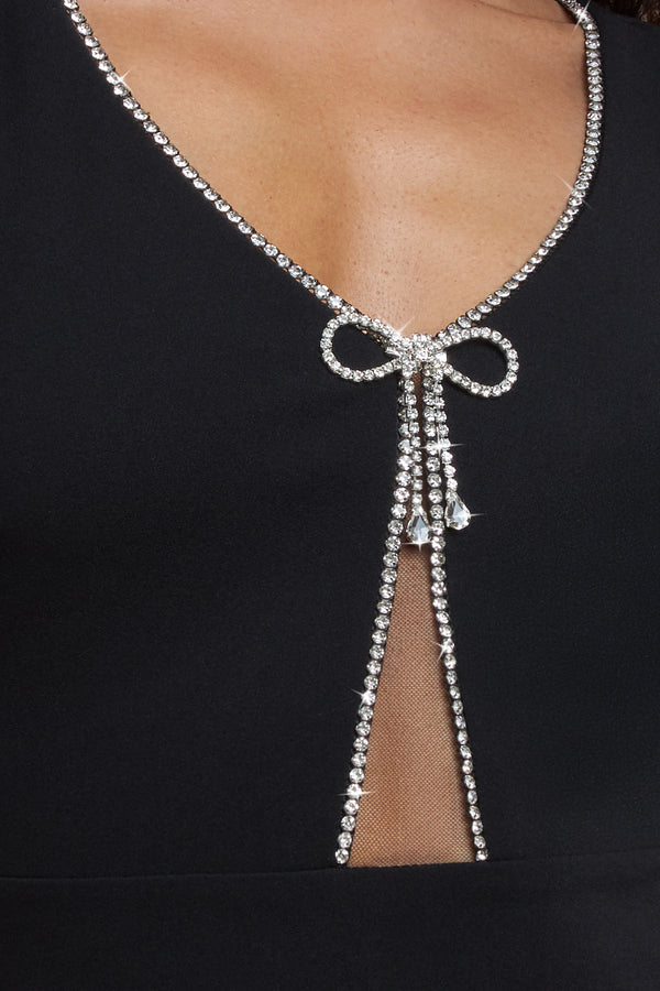 Goddiva Diamante Embellished Bow Scuba Crepe Maxi Dress - Black By Goddiva