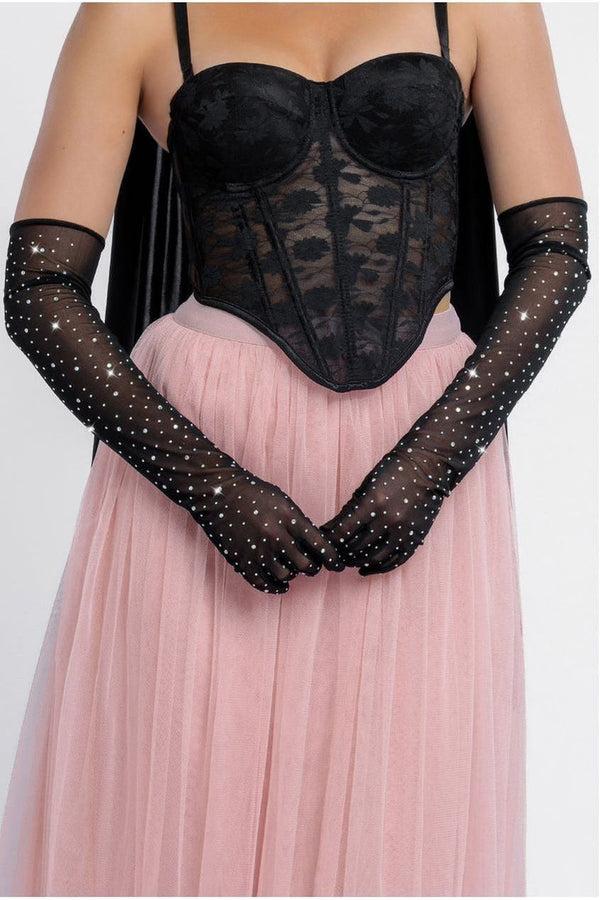 Goddiva Diamante Embellished Mesh Gloves By Goddiva