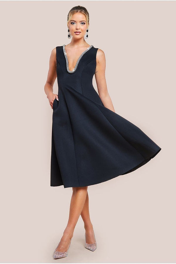 Goddiva Diamante Embellished Neck A-Line Midi Dress - Black By Goddiva