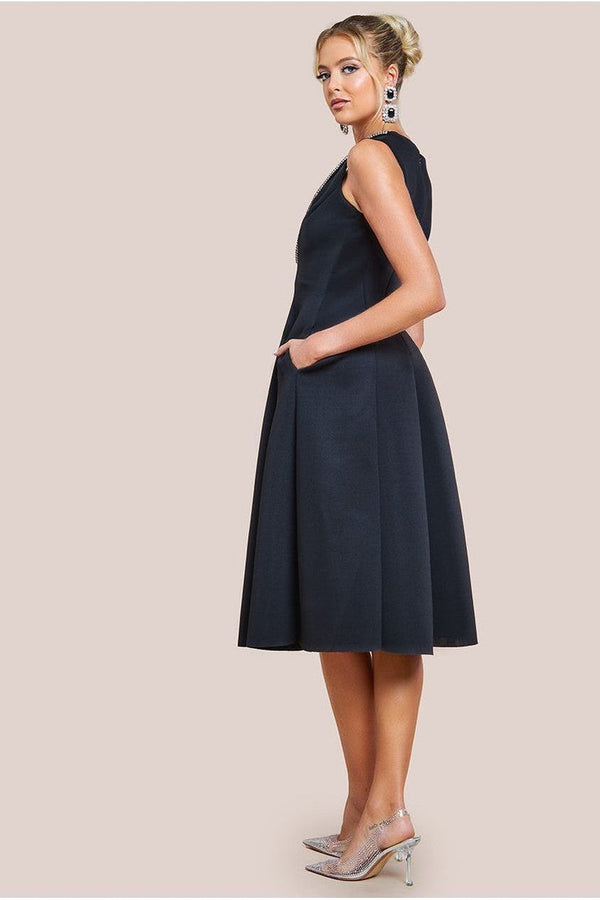 Goddiva Diamante Embellished Neck A-Line Midi Dress - Black By Goddiva