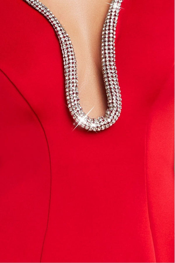 Goddiva Diamante Embellished Neck A-Line Midi Dress - Red By Goddiva