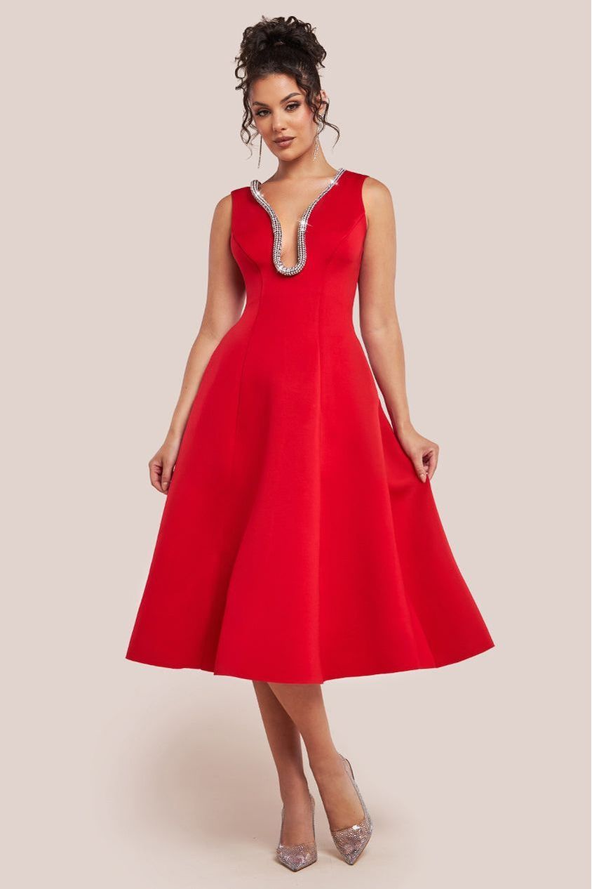goddiva Diamante Embellished Neck A-Line Midi Dress - Red by Goddiva
