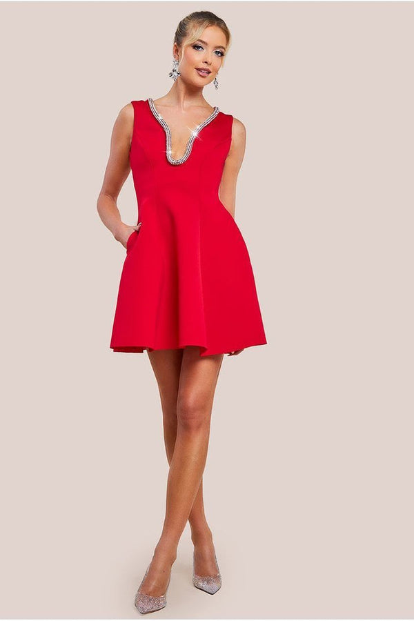 Goddiva Diamante Embellished Neck A-Line Mini Dress - Red By Goddiva