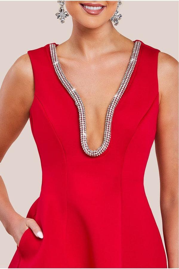 Goddiva Diamante Embellished Neck A-Line Mini Dress - Red By Goddiva