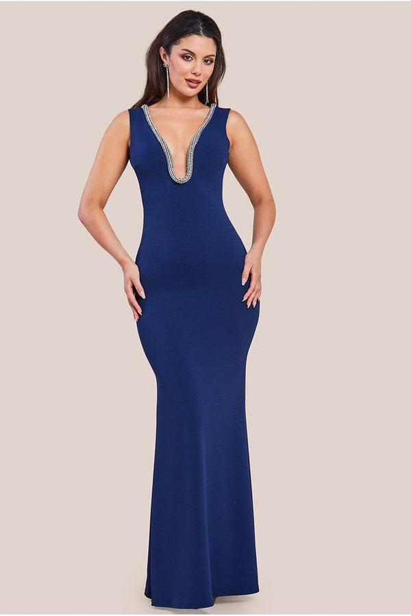 Goddiva Diamante Embellished Super Plunge Scuba Maxi Dress - Navy By Goddiva