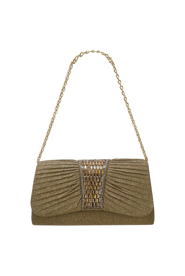 Goddiva Diamante Glittery Clutch In Light Gold By SVNX