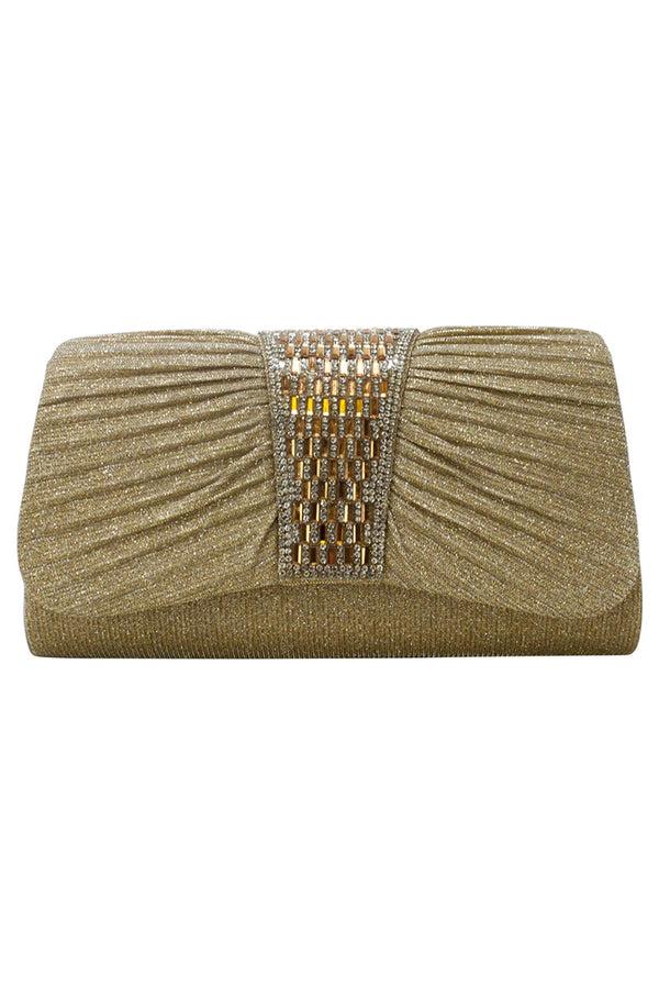 Goddiva Diamante Glittery Clutch In Light Gold By SVNX
