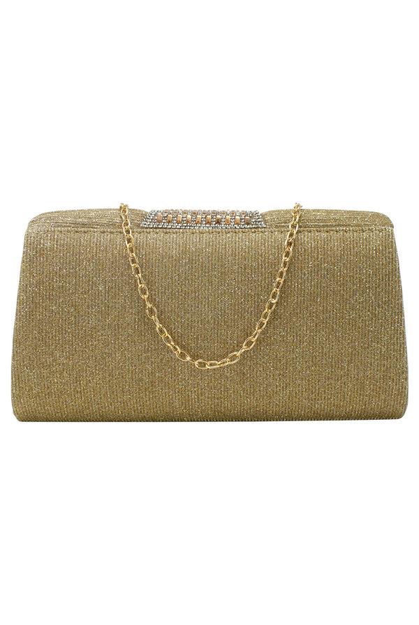 Goddiva Diamante Glittery Clutch In Light Gold By SVNX