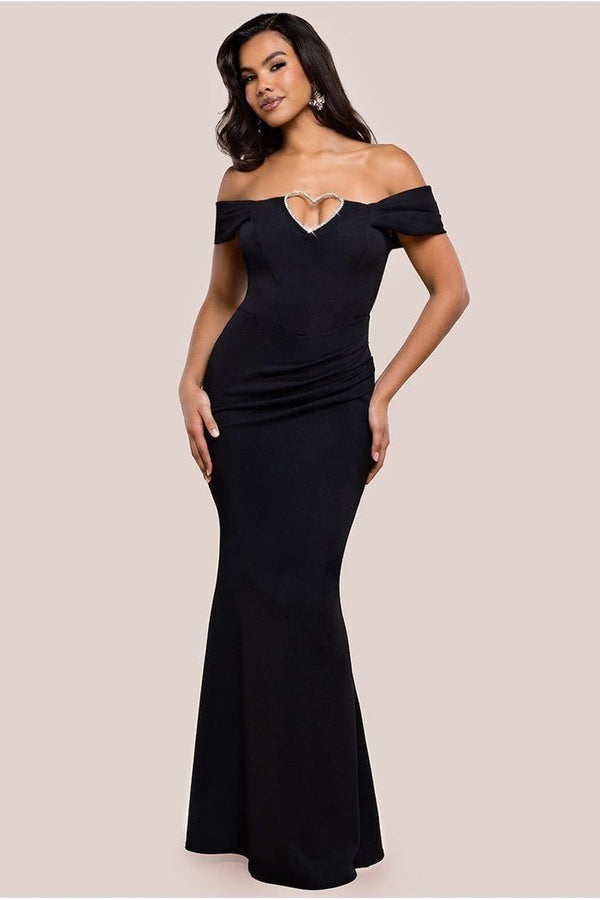 Goddiva Diamante Heart Trim Evening Maxi Dress - Black By Goddiva