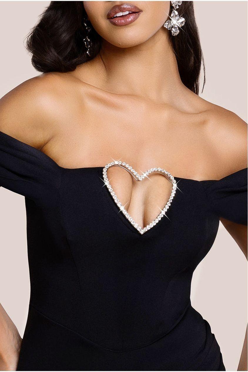 goddiva Diamante Heart Trim Evening Maxi Dress - Black by Goddiva