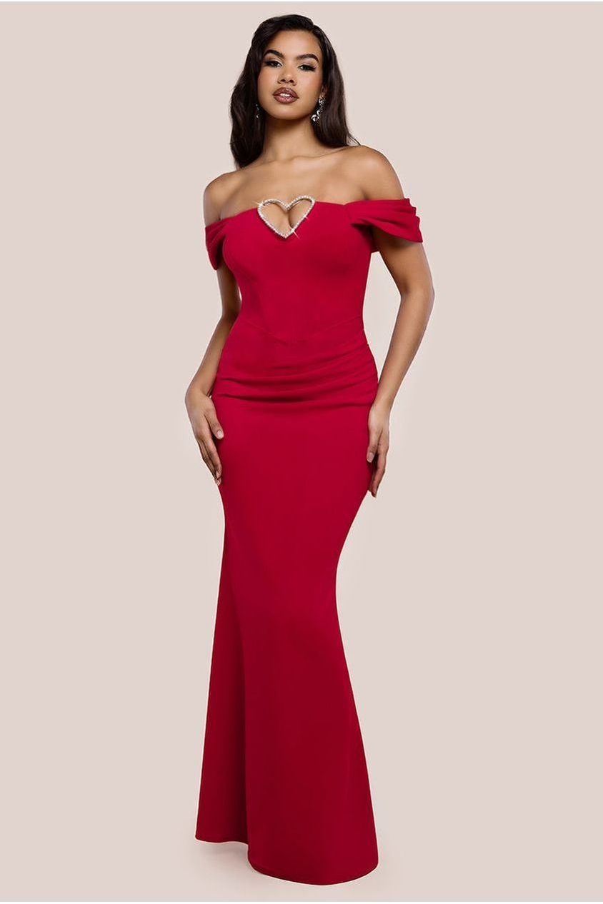 goddiva Diamante Heart Trim Evening Maxi Dress - Red by Goddiva