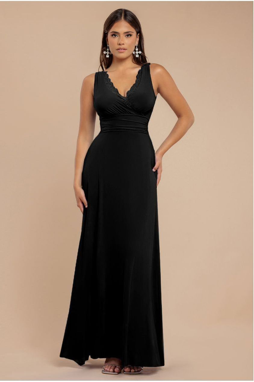 goddiva Diamante & Scalloped Lace Neck Maxi Dress - Black by Goddiva
