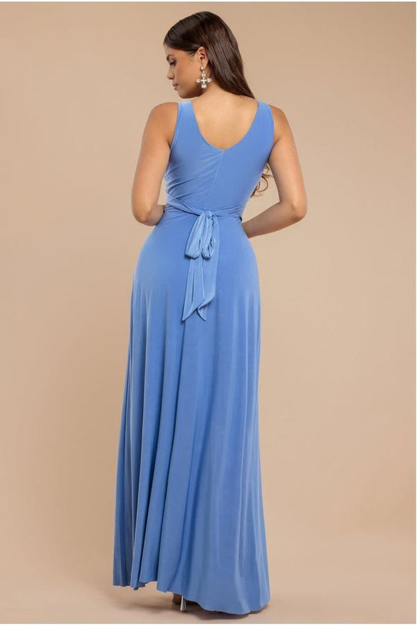 Goddiva Diamante & Scalloped Lace Neck Maxi Dress - Cornflower Blue By Goddiva