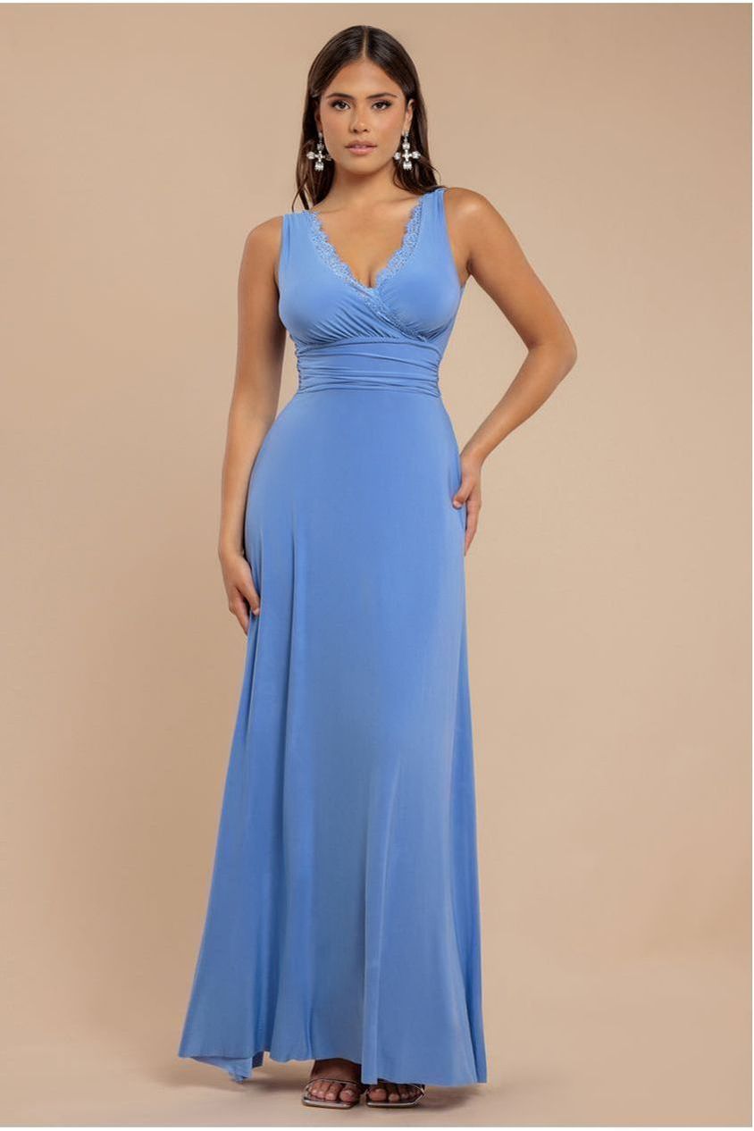 goddiva Diamante & Scalloped Lace Neck Maxi Dress - Cornflower Blue by Goddiva