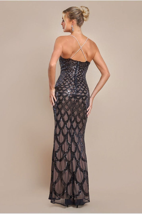 Goddiva Diamante Strap Fish Scale Sequin Maxi Dress - Black By Goddiva