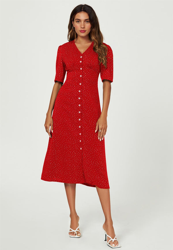 Goddiva Dot Print Button Front Midi Dress In Red By FS Collection