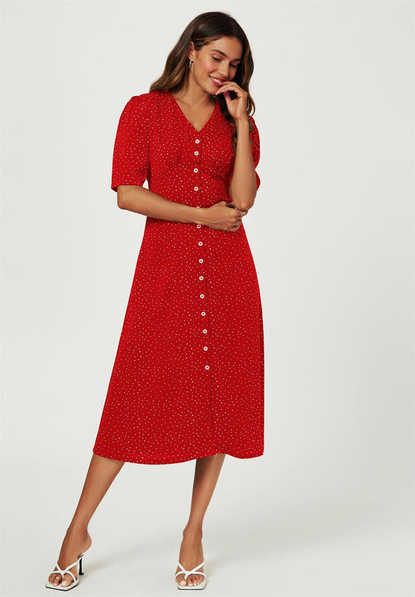 Goddiva Dot Print Button Front Midi Dress In Red By FS Collection